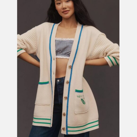 Anthropologie Maeve Cotton Blend Veggie Motif Cardigan Sweater Graphic S NWT - Picture 3 of 8